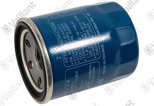 Ölfilter in blauer Farbe mit metallischem Rand und mehreren Beschriftungen. Hersteller Vaillant. Er bietet Anweisungen zur Montage und Wartung.
